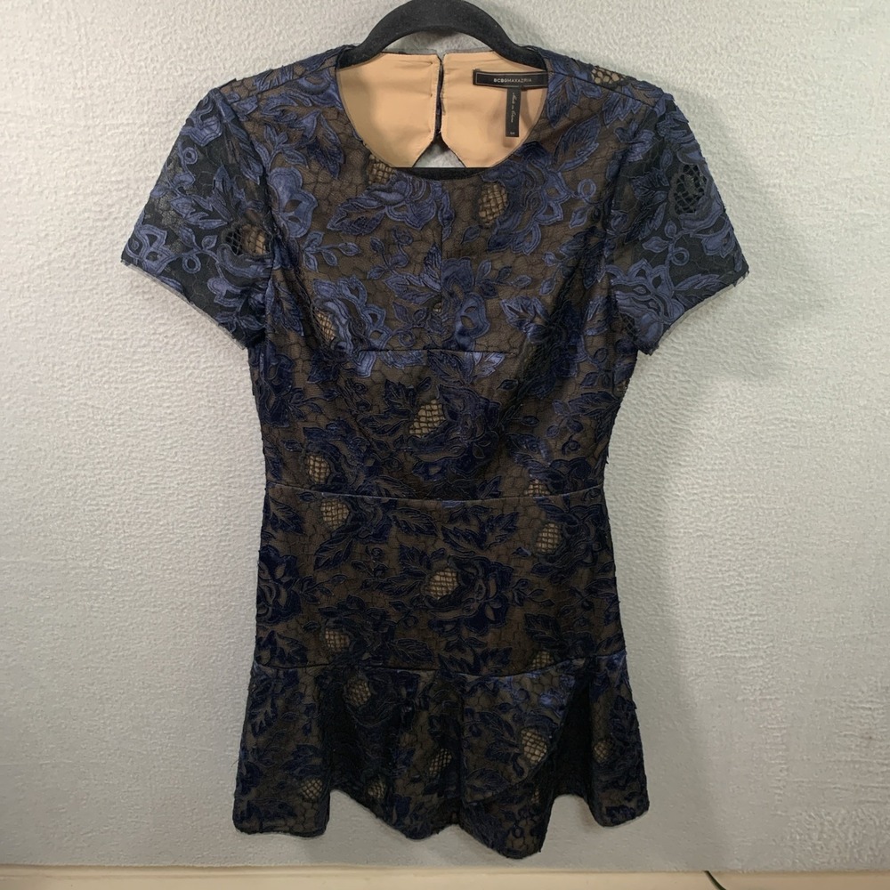 BCBG Max Azria Marissa Blue & Black Floral Lace Mini Dress w/ Open Back, Size 4